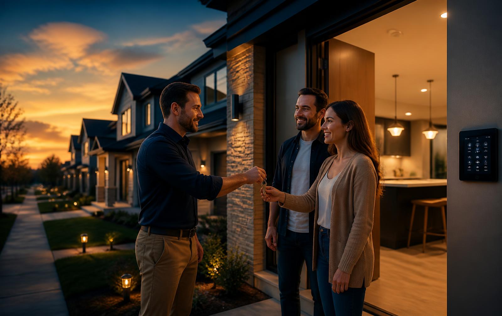 Builder handing keys to new homeowners with a smart security panel inside